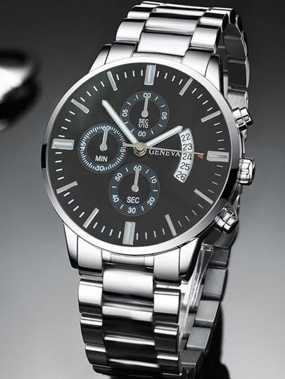 1pc Men Round Pointer Date Quartz Watch And 1pc Bracelet