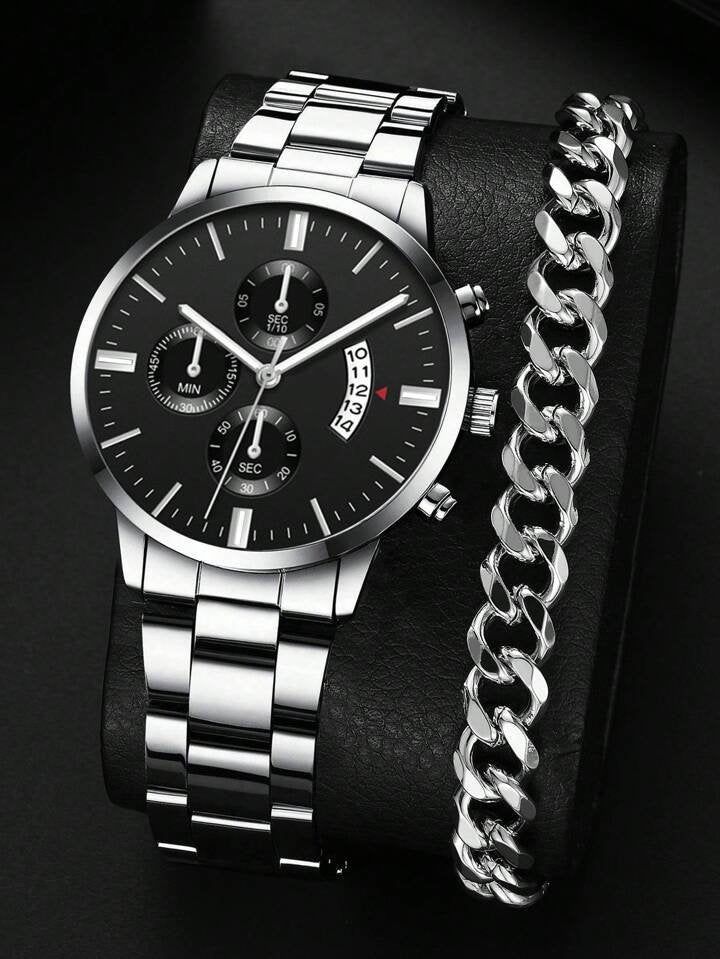 1pc Men Round Pointer Date Quartz Watch And 1pc Bracelet